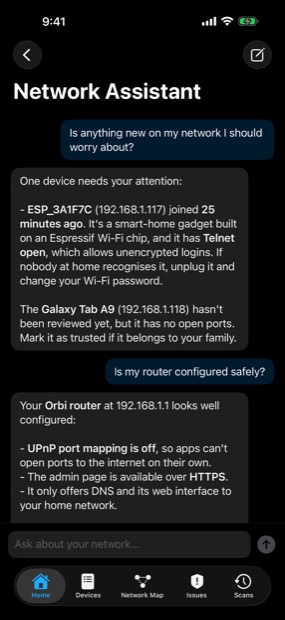 Network Assistant on iPhone answering a question about new devices using the current scan.