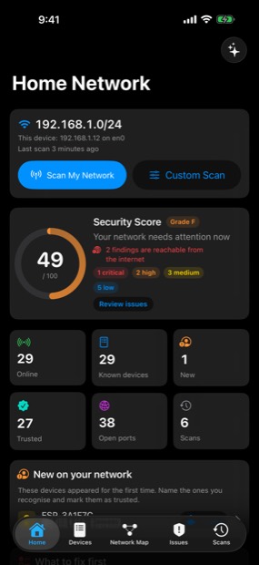 Home screen on iPhone with security score, device counts and new devices.