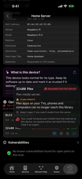 Port detail on iPhone explaining what closing Plex on port 32400 would break.