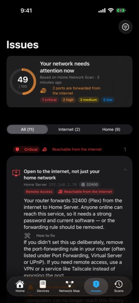 Issues on iPhone with All, Internet and Home filters and an internet-facing finding expanded.