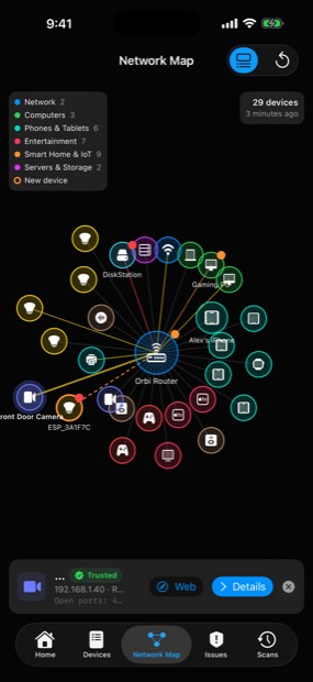 Network map on iPhone with the router at the centre and devices grouped by category.