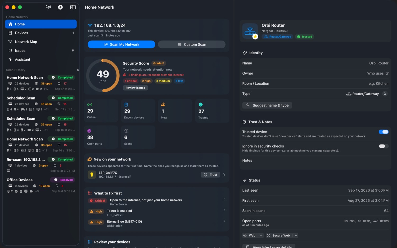 Crios on macOS: security score 49 out of 100, 29 devices online, new devices listed with Trust buttons.