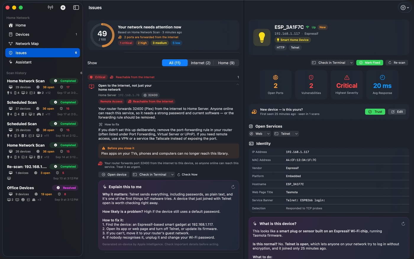 Issues list on macOS with All, Internet and Home filters, a critical internet-facing finding and LAN-only badges below.