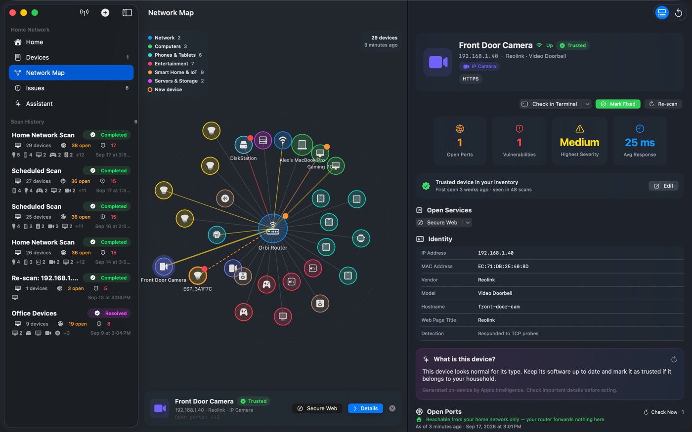 Network map on macOS showing 29 devices around the router with a selected camera.